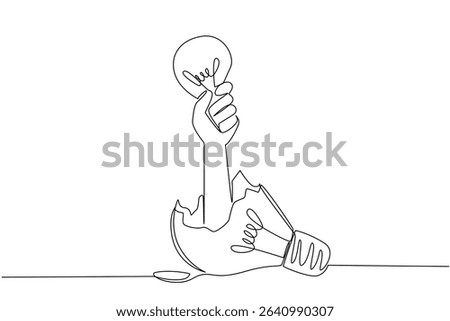 Continuous one line drawing hand holding bulb out of broken bulb. Learn from mistakes. Grow brilliant ideas. Defeating pessimism. National Creativity Day. Single line draw design vector illustration
