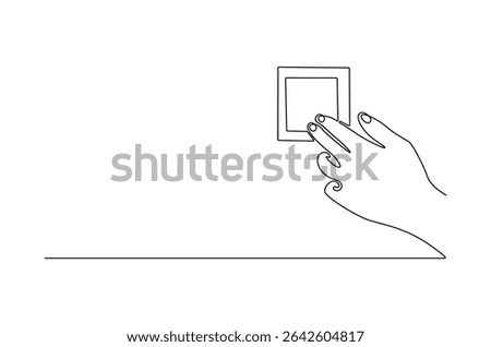 Continuous one line drawing of Hand turning off the light. Single line drawing illustration of Light switch. Economical consumption of electricity concept vector art. Doodle line illustration.