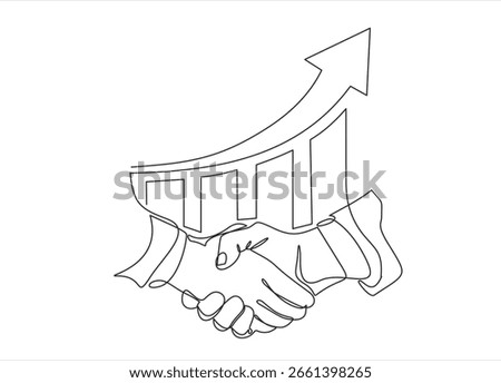Continuous one line drawing of hand shake business currency rising graph vector. Handshake vector icon. Hand drawn one line vector. Editable stroke	