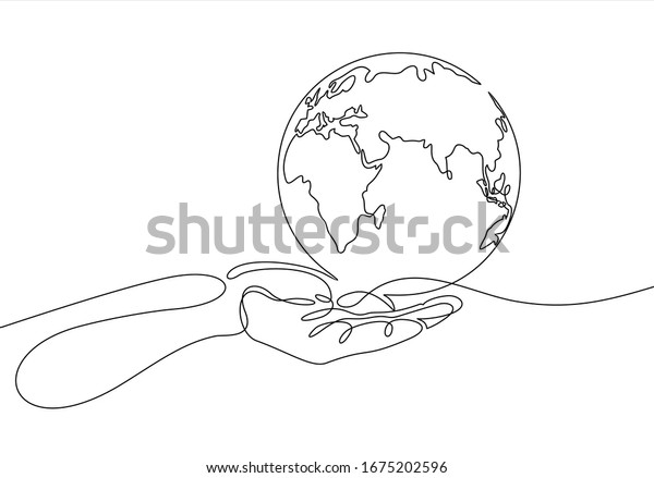 Continuous one line drawing. hand holding Earth globe.