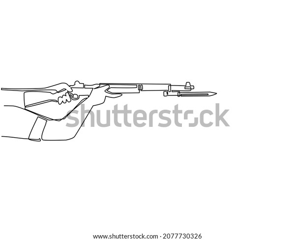 Continuous one line drawing hand holding M1\
garand semi-automatic rifle with knife bayonet. British military\
action rifle with attached bayonet. Single line draw design vector\
graphic\
illustration
