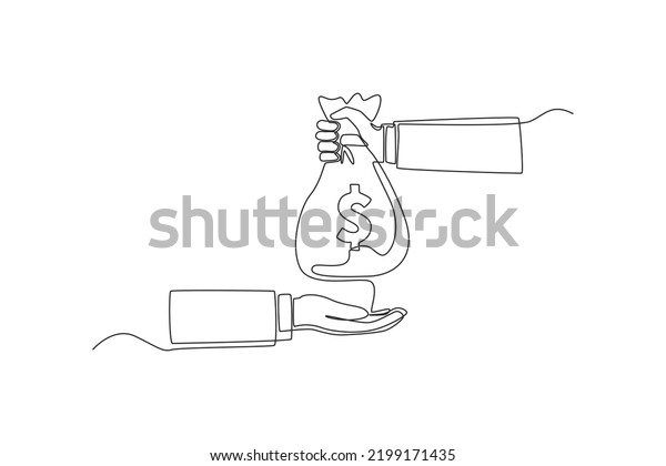 Continuous one line drawing Hand with bag\
giving money to another hand. Wealth and prosperity concept. Single\
line draw design vector graphic\
illustration.