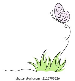 Continuous one line drawing. Hand-drawn Butterfly and grass.  Vector illustration. Decorative design for greeting card. Copy space for text