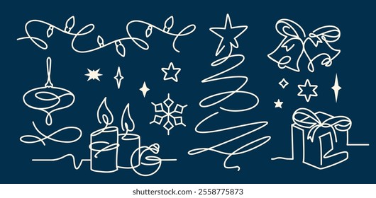 Continuous one line drawing. Hand-drawn vector winter doodle set. Wavy light bulbs, minimalist elegant Christmas tree, festive elements. Perfect for holiday cards, modern seasonal decorations
