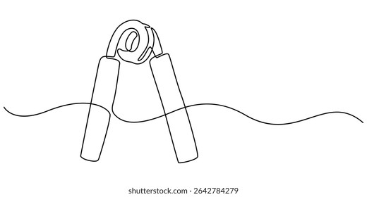 Continuous one line drawing handgrip. Fitness equipment concept, Hand grip strengthener, Single continuous line drawing spring expander for hand, sketch, hand trainer, sports equipment, bodybuilding.