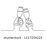Continuous one line drawing. Hands cheering with glasses of champagne. Vector illustration
