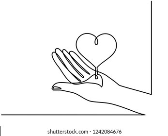 Continuous one line drawing. hands holding heart on white background. Black thin line of hand with heart image.