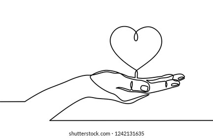 Continuous one line drawing. hands holding heart on white background. Black thin line of hand with heart image.