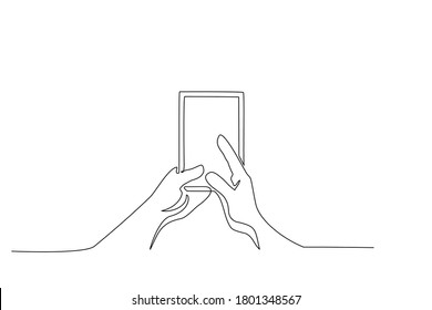 Continuous one line drawing. Hands holding phone. Abstract smartphone silhouette. Vector illustration black on white.