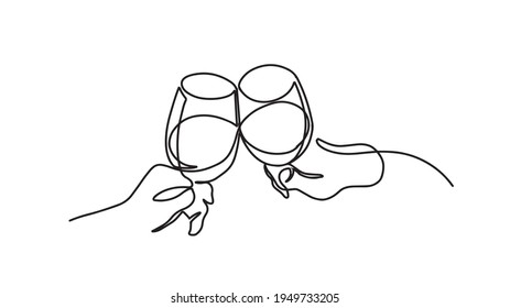 Continuous one line drawing. Hands cheering with glasses of wine. Vector illustration. Continuous one line drawing of cheers of wine glass. Hands cheering with glasses of champagne. Vector simplicity 