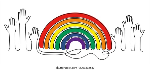 Continuous one line drawing of hands  and rainbow with LGBT  flag color, Vector illustration