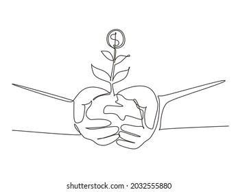 Continuous One Line Drawing Hands Holding Money Plant In Soil On White Background. Hand Of Businessman Holding Sprout A Money Tree. Earnings, Success In Work, Money. Single Line Draw Design Vector