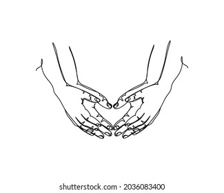 Continuous one line drawing of hands of couple showing heart icon in silhouette on a white background. Linear stylized.