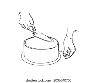 Continuous one line drawing of hands making fresh delicious cake decorating concept icon in silhouette on a white background. Linear stylized.