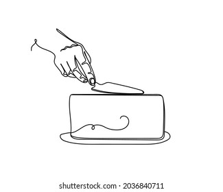 Continuous one line drawing of hands making fresh delicious cake decorating concept icon in silhouette on a white background. Linear stylized.
