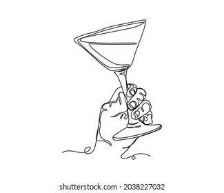 Continuous one line drawing of hands holding alcohol cocktail icon in silhouette on a white background. Linear stylized.