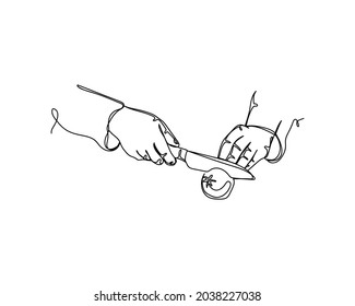 Dibujo continuo de una línea de manos del chef cortando tomates icono del concepto de cocina en silueta sobre un fondo blanco. Linear estilizado.
