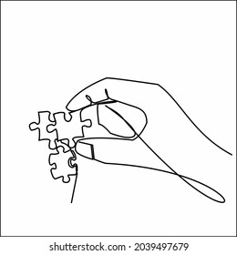 Continuous One line drawing of hands holding puzzle pieces and want to merge together. Father or mother and son teamwork - continuous line draw vector