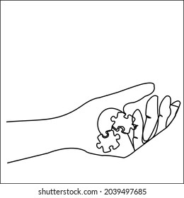 Continuous One line drawing of hands holding puzzle pieces and want to merge together. Father or mother and son teamwork - continuous line draw vector
