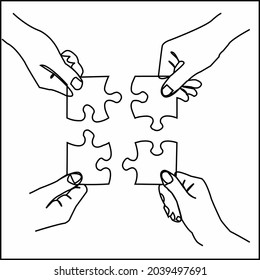 Continuous One line drawing of hands holding puzzle pieces and want to merge together. Father or mother and son teamwork - continuous line draw vector