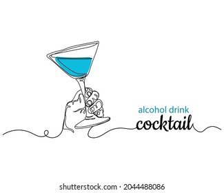 Dibujo continuo de una línea de manos sosteniendo un ícono de bebida alcohólica en silueta sobre un fondo blanco. Linear estilizado.