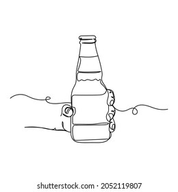 Continuous one line drawing of hands holding bottle with beer oktoberfest concept icon in silhouette on a white background. Linear stylized.