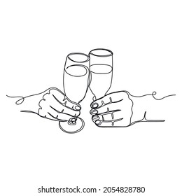 Continuous one line drawing of hands holding champagne glasses christmas new year concept in silhouette on a white background. Linear stylized.