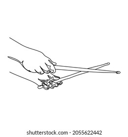 Continuous one line drawing of a hands plays with sticks of drum, drummer in silhouette on a white background. Linear stylized.