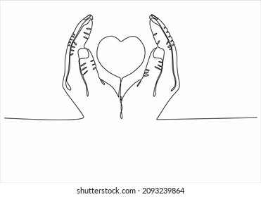 Continuous one line drawing. hands holding heart on white background. Black thin line of hand with heart image.