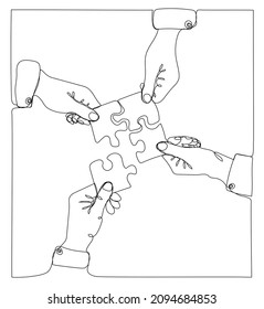 Continuous one line drawing of hands Combining  Puzzle Pieces . Puzzle game symbol and sign business metaphor of problem solving, solution, teamwork and strategy.  Vector illustration