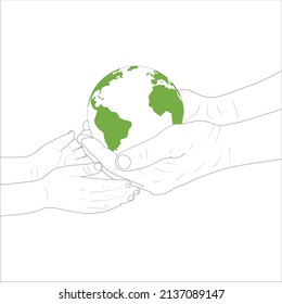 Continuous one line drawing. hands holding Earth globe. Save the planet concept.