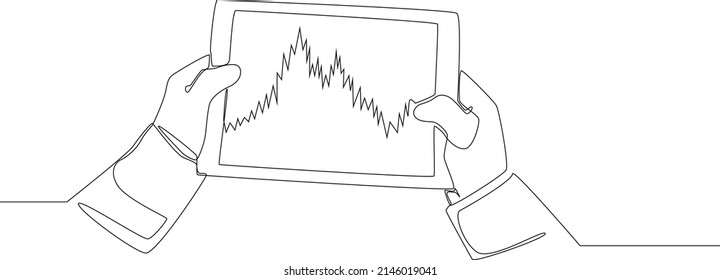 Continuous one line drawing Hands holding tablet. there is share market graph on screen tablet. Single line draw design vector graphic illustration. svg