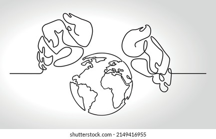 Continuous one line drawing of hands protecting Earth globe isolated on white background. Earth Day theme. A human hands holding world planet earth