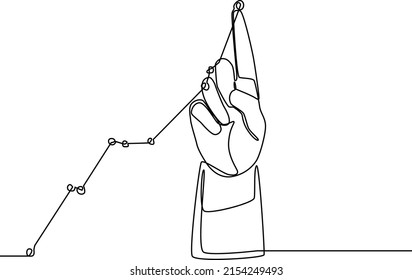 Continuous one line drawing hands touch the chart's highest point in sales. Digital marketing. Single line draw design vector graphic illustration.