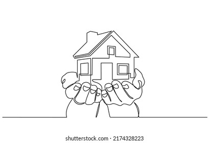 Continuous one line drawing of a hands holding a miniature house. Hand-carried small house miniature, perfect for real estate home sales marketing in doodle style