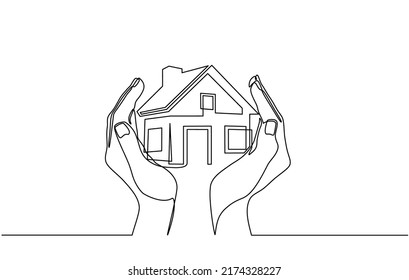 Continuous one line drawing of a hands holding a miniature house. Hand-carried small house miniature, perfect for real estate home sales marketing in doodle style