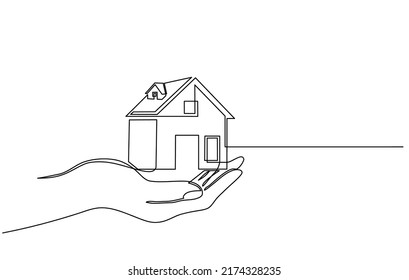 Continuous one line drawing of a hands holding a miniature house. Hand-carried small house miniature, perfect for real estate home sales marketing in doodle style