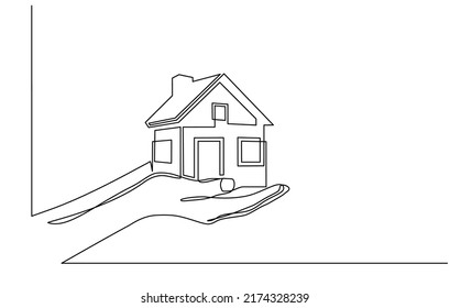 Dibujo continuo de una línea de las manos sosteniendo una casa en miniatura. Pequeña casa portátil, perfecta para el marketing de ventas inmobiliarias al estilo doodle