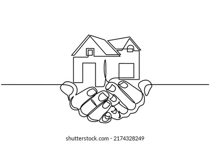 Continuous one line drawing of a hands holding a miniature house. Hand-carried small house miniature, perfect for real estate home sales marketing in doodle style