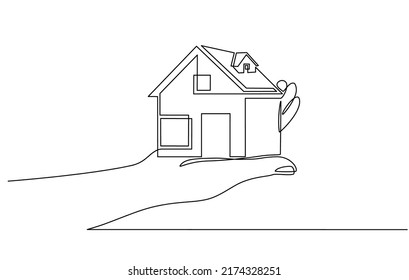 Durchlaufend eine Linie Zeichnung einer Hand, die ein Miniaturhaus hält. Handgeführte Kleinhausminiatur, perfekt für den Verkauf von Immobilien im Dodle-Stil