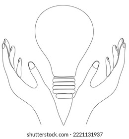 Dibujo continuo de una línea. Las palmas de las manos junto con la bombilla. Ilustración vectorial de fondo en blanco y negro.