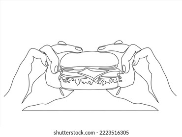 Durchgängige Zeilenzeichnung der Hands hält einen Burger. Umrisskizze für Hamburger oder Sandwich. Fast Food Konzept. Vektorgrafik.