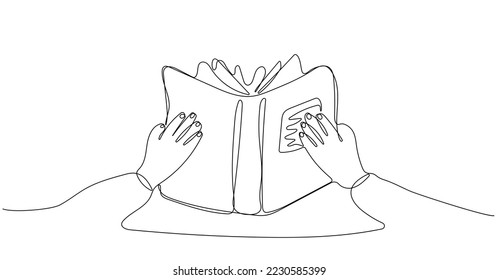 Continuous one line drawing of hands holding book. Education and reading concept. Vector illustration