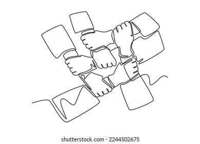Continuous one line drawing hands holding each other. Team work concept. Single line draw design vector graphic illustration.