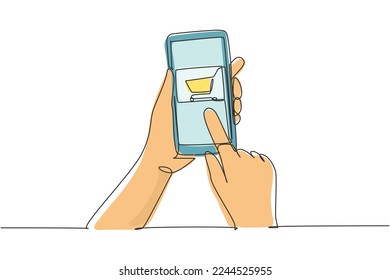 Continuous one line drawing hands holding smartphone with shopping cart image and touching screen. Digital lifestyle, internet and gadgets concept. Single line draw design vector graphic illustration