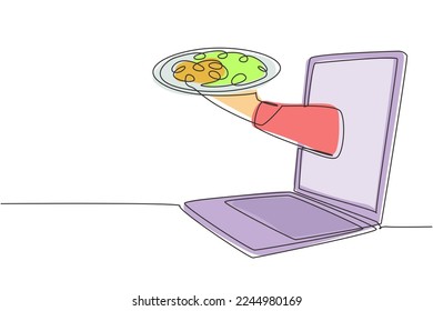 Continuous one line drawing Hands out of laptop screen with tray open to serve pizza. E-shop. Order food digitally. Online delivery service concept. Single line draw design vector graphic illustration