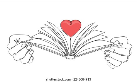 continuous one line drawing of a hands holding open book flying pages with heart. Human hands holding a book. Vector minimalism design isolated on white background