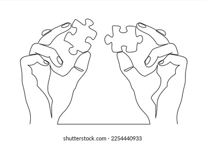 Continuous one line drawing of hands and puzzle. Business matching - connecting puzzle elements.  Puzzle game symbol and iconic business metaphor for problem solving, solution and strategy.