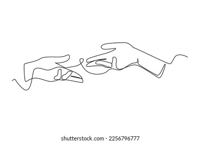 Continuous one line drawing hands reaching towards each other. Human relation concept. Single line draw design vector graphic illustration.