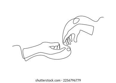 Continuous one line drawing hands reaching towards each other. Human relation concept. Single line draw design vector graphic illustration.